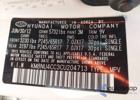 2012 Hyundai Veracruz Gls z USA, uszkodzony, nr VIN KM8NU4CC3CU204713